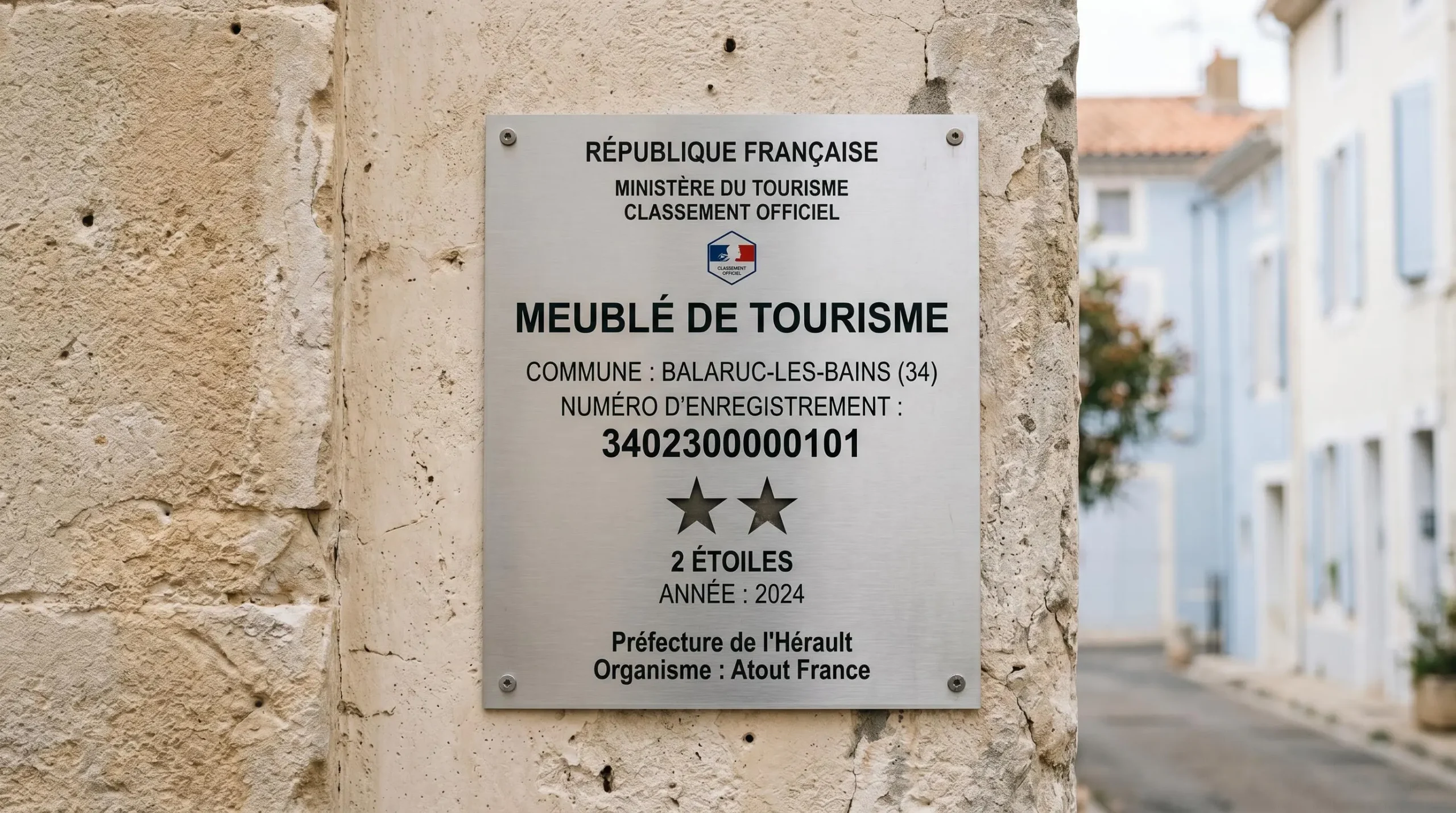Gros plan sur une plaque officielle de numéro d'enregistrement d'un meublé de tourisme classé avec étoiles, apposée sur le mur extérieur d'un immeuble à Balaruc-les-Bains