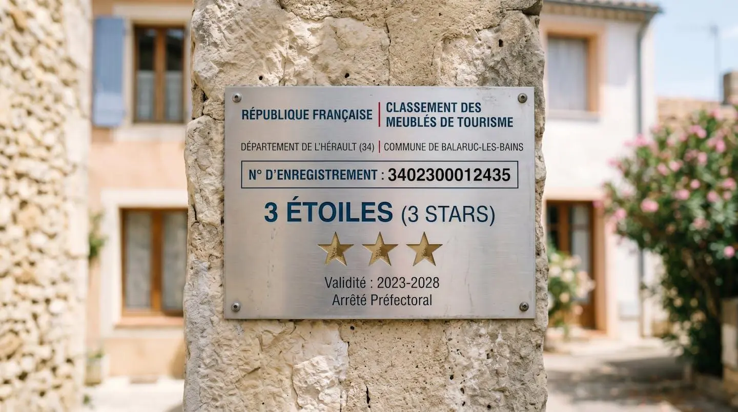 Gros plan sur une plaque officielle de numéro d'enregistrement d'un meublé de tourisme classé avec étoiles, apposée sur le mur extérieur d'un immeuble à Balaruc-les-Bains