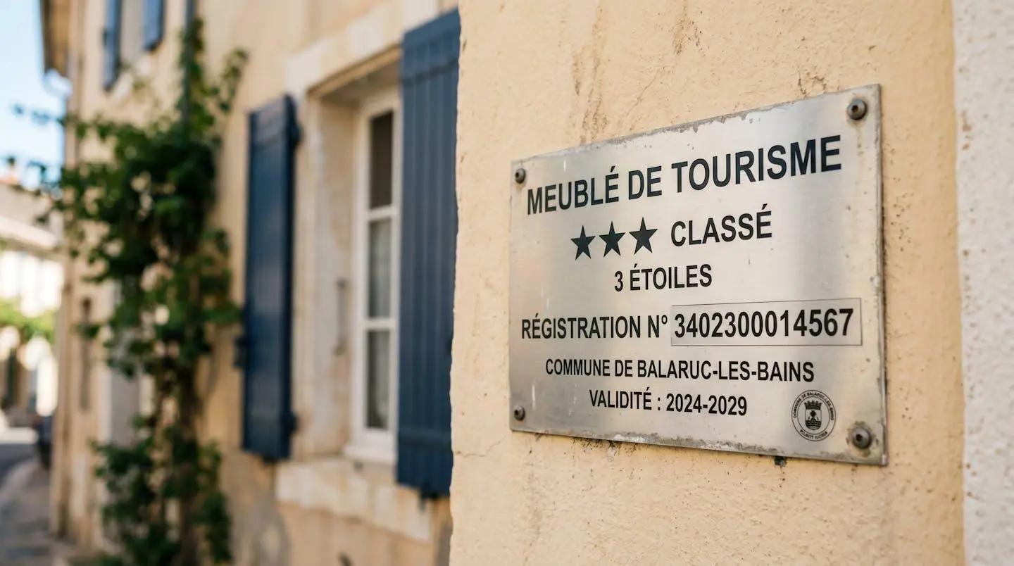 Gros plan sur une plaque officielle de numéro d'enregistrement d'un meublé de tourisme classé avec étoiles, apposée sur le mur extérieur d'un immeuble à Balaruc-les-Bains