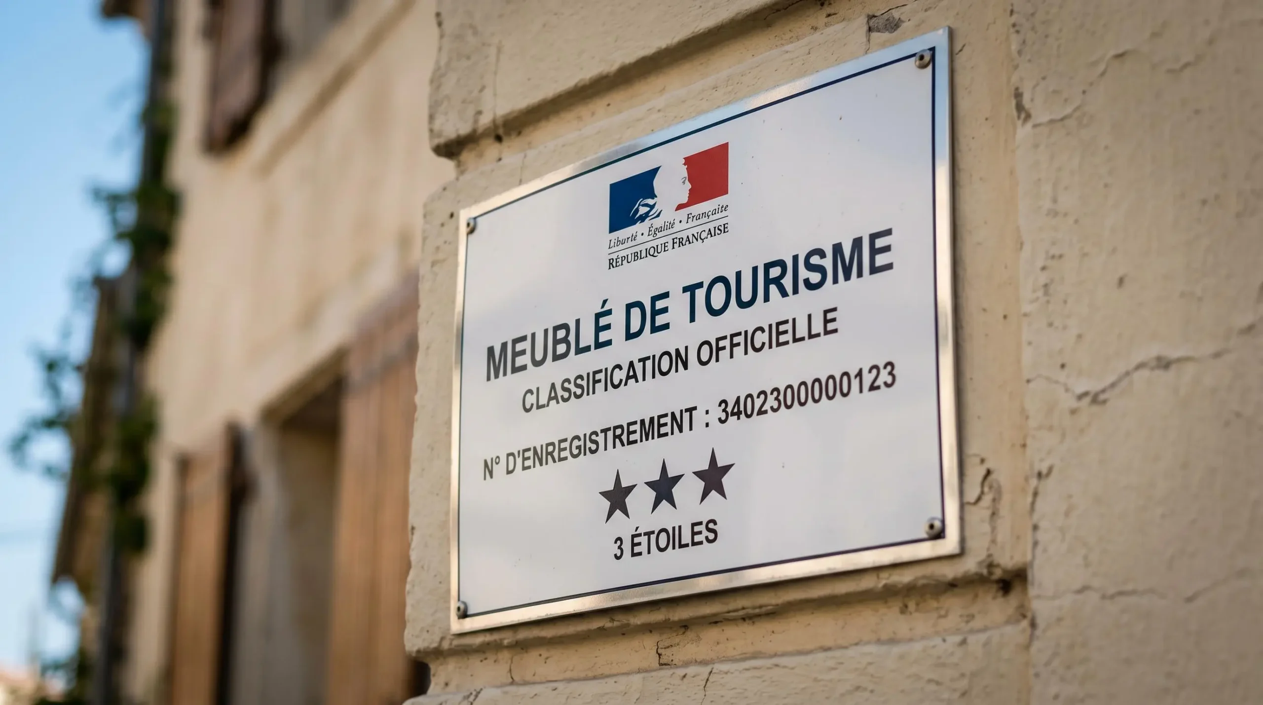 Gros plan sur une plaque officielle de numéro d'enregistrement d'un meublé de tourisme classé avec étoiles, apposée sur le mur extérieur d'un immeuble à Balaruc-les-Bains