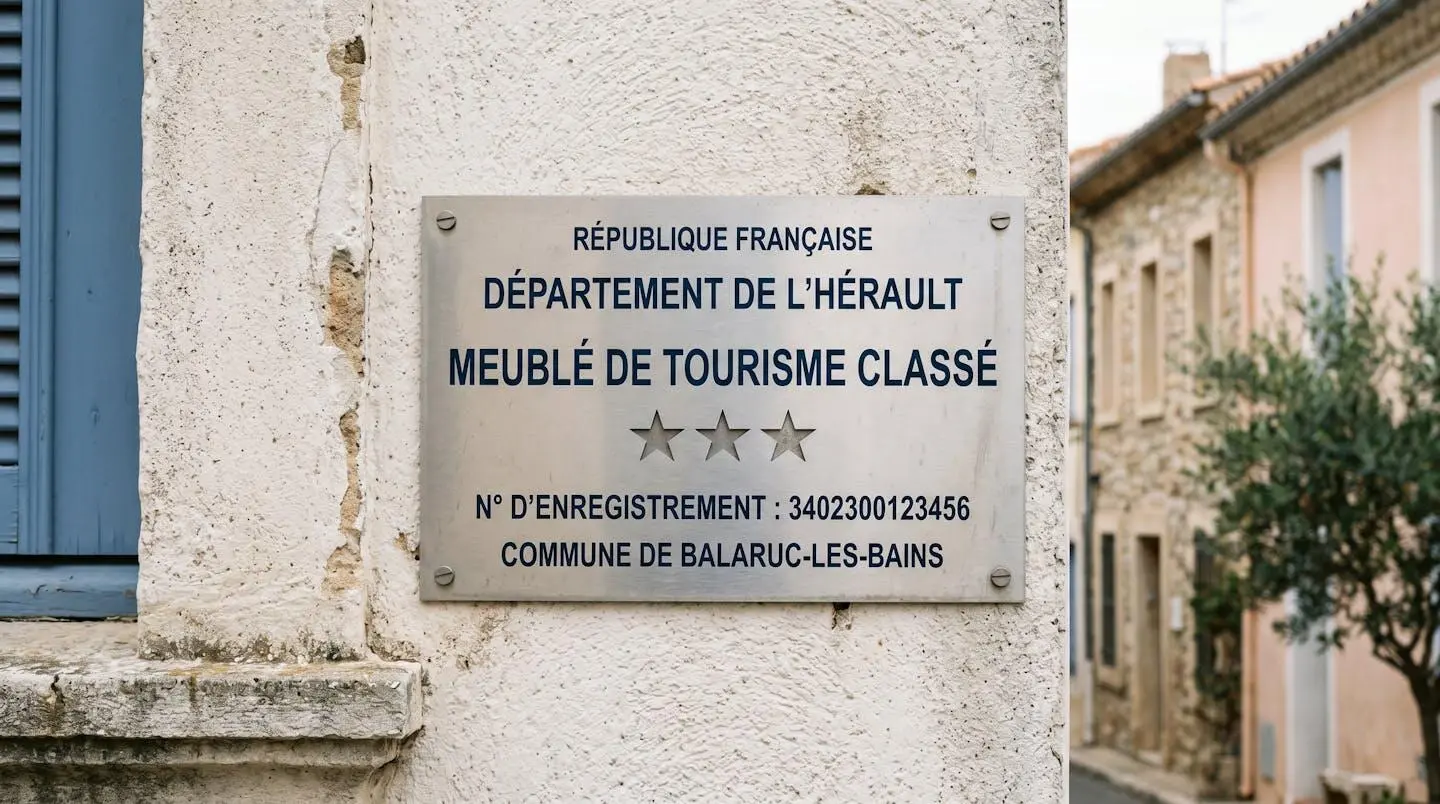 Gros plan sur une plaque officielle de numéro d'enregistrement d'un meublé de tourisme classé avec étoiles, apposée sur le mur extérieur d'un immeuble à Balaruc-les-Bains