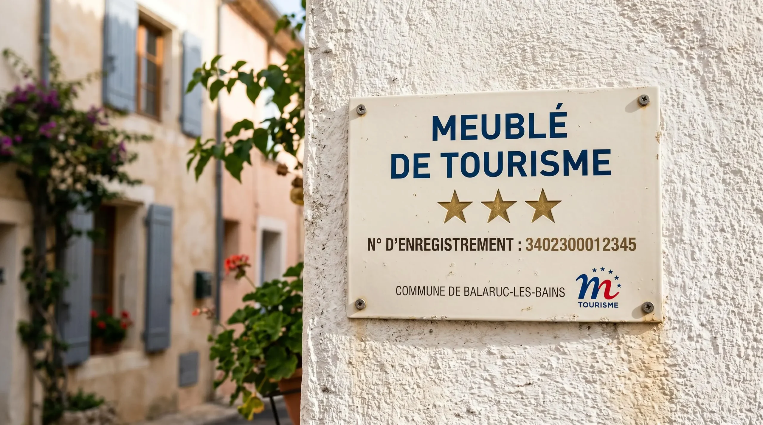Gros plan sur une plaque officielle de numéro d'enregistrement d'un meublé de tourisme classé avec étoiles, apposée sur le mur extérieur d'un immeuble à Balaruc-les-Bains