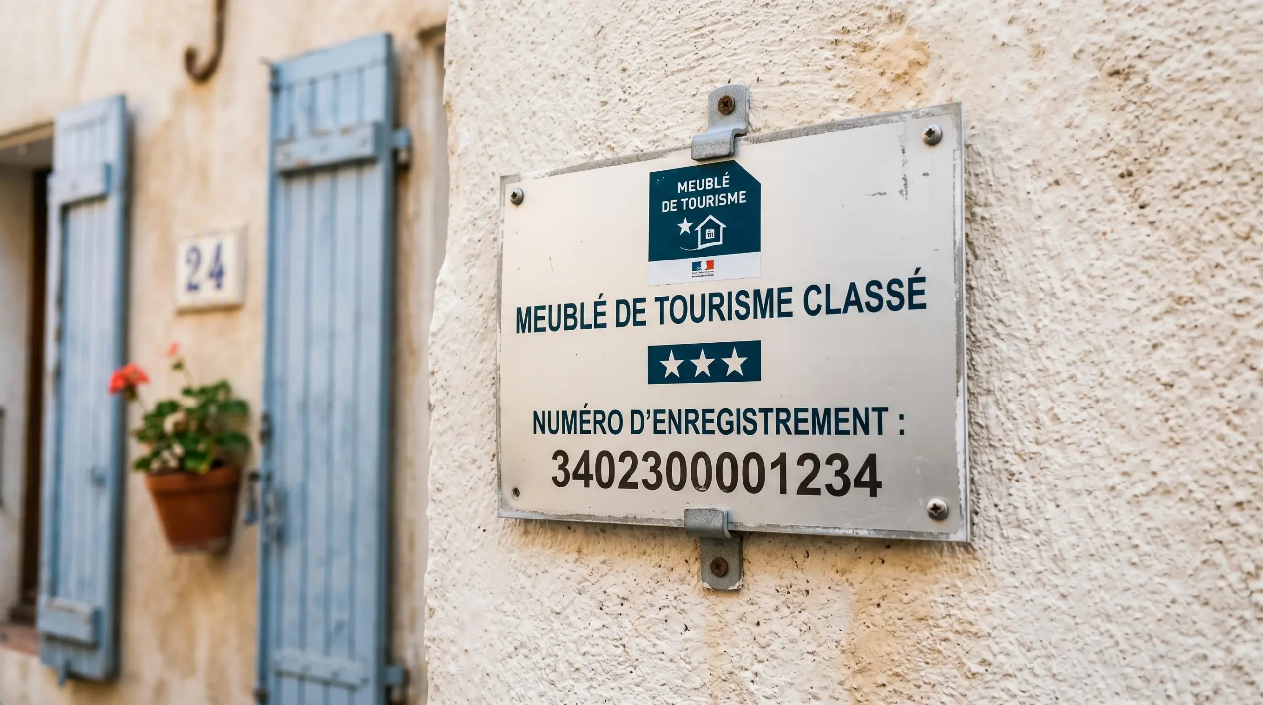 Gros plan sur une plaque officielle de numéro d'enregistrement d'un meublé de tourisme classé avec étoiles, apposée sur le mur extérieur d'un immeuble à Balaruc-les-Bains