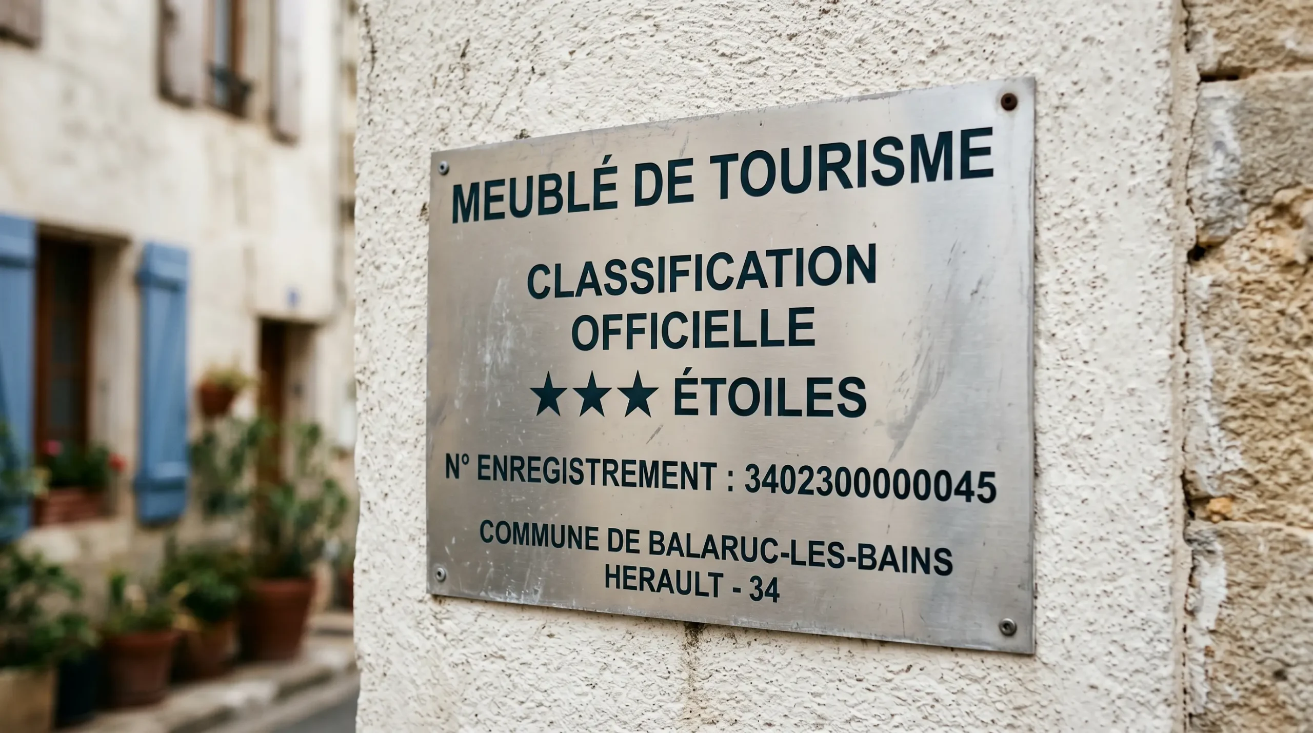 Gros plan sur une plaque officielle de numéro d'enregistrement d'un meublé de tourisme classé avec étoiles, apposée sur le mur extérieur d'un immeuble à Balaruc-les-Bains