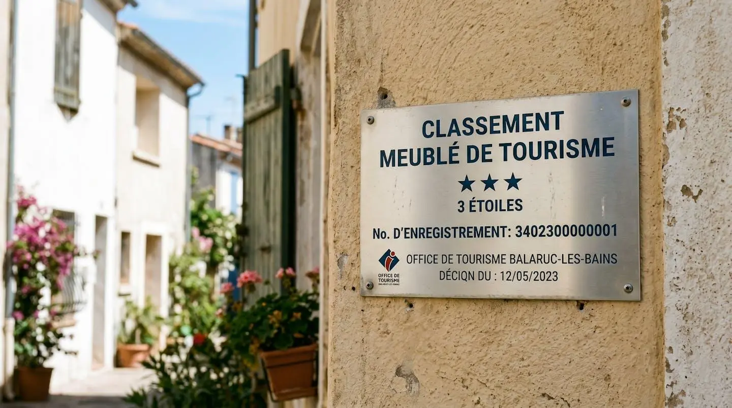 Gros plan sur une plaque officielle de numéro d'enregistrement d'un meublé de tourisme classé avec étoiles, apposée sur le mur extérieur d'un immeuble à Balaruc-les-Bains