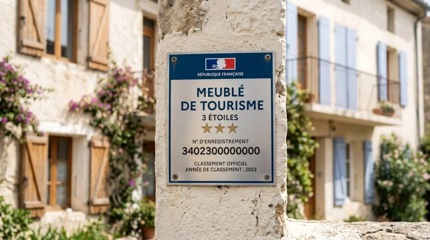 Gros plan sur une plaque officielle de numéro d'enregistrement d'un meublé de tourisme classé avec étoiles, apposée sur le mur extérieur d'un immeuble à Balaruc-les-Bains