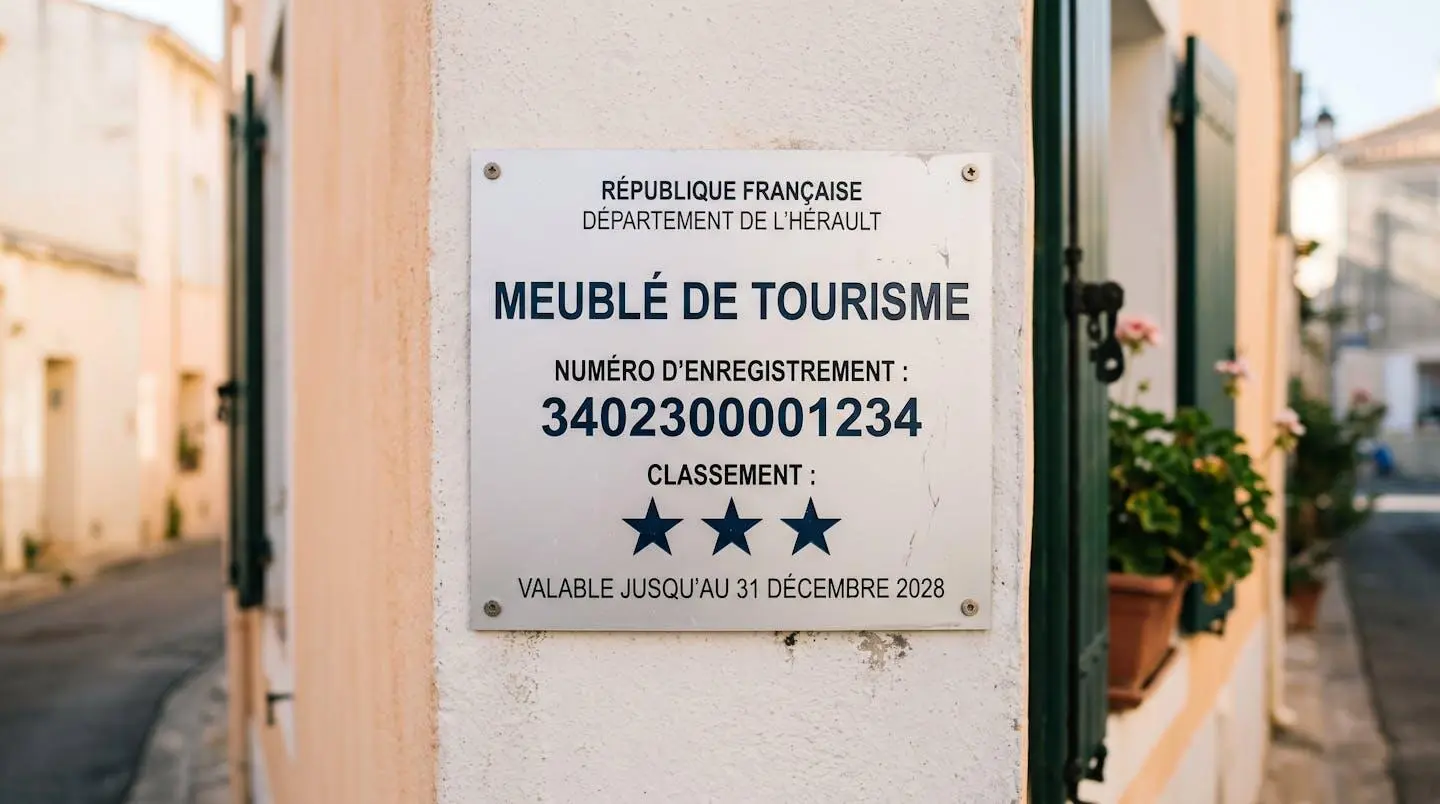 Gros plan sur une plaque officielle de numéro d'enregistrement d'un meublé de tourisme classé avec étoiles, apposée sur le mur extérieur d'un immeuble à Balaruc-les-Bains