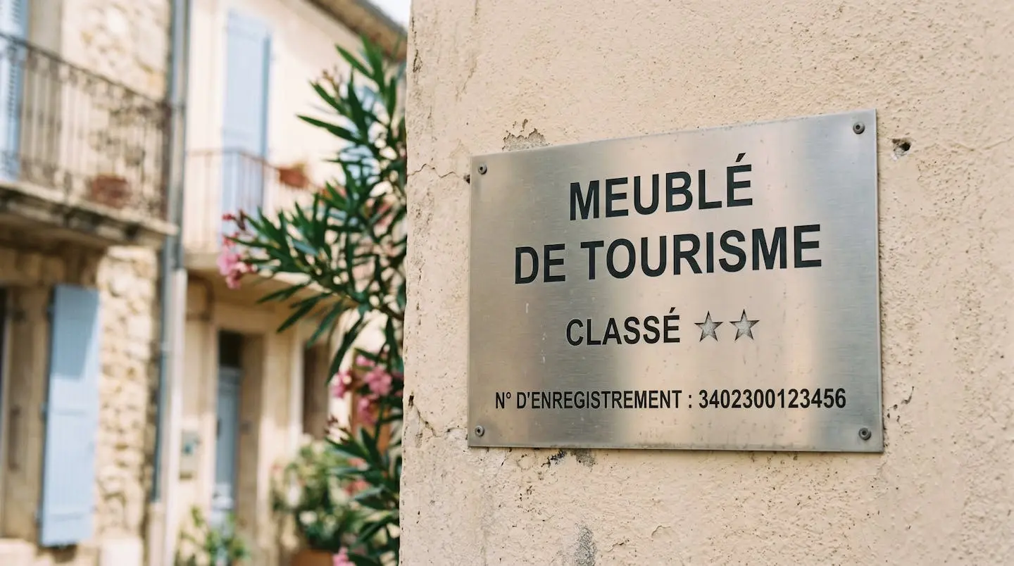 Gros plan sur une plaque officielle de numéro d'enregistrement d'un meublé de tourisme classé avec étoiles, apposée sur le mur extérieur d'un immeuble à Balaruc-les-Bains