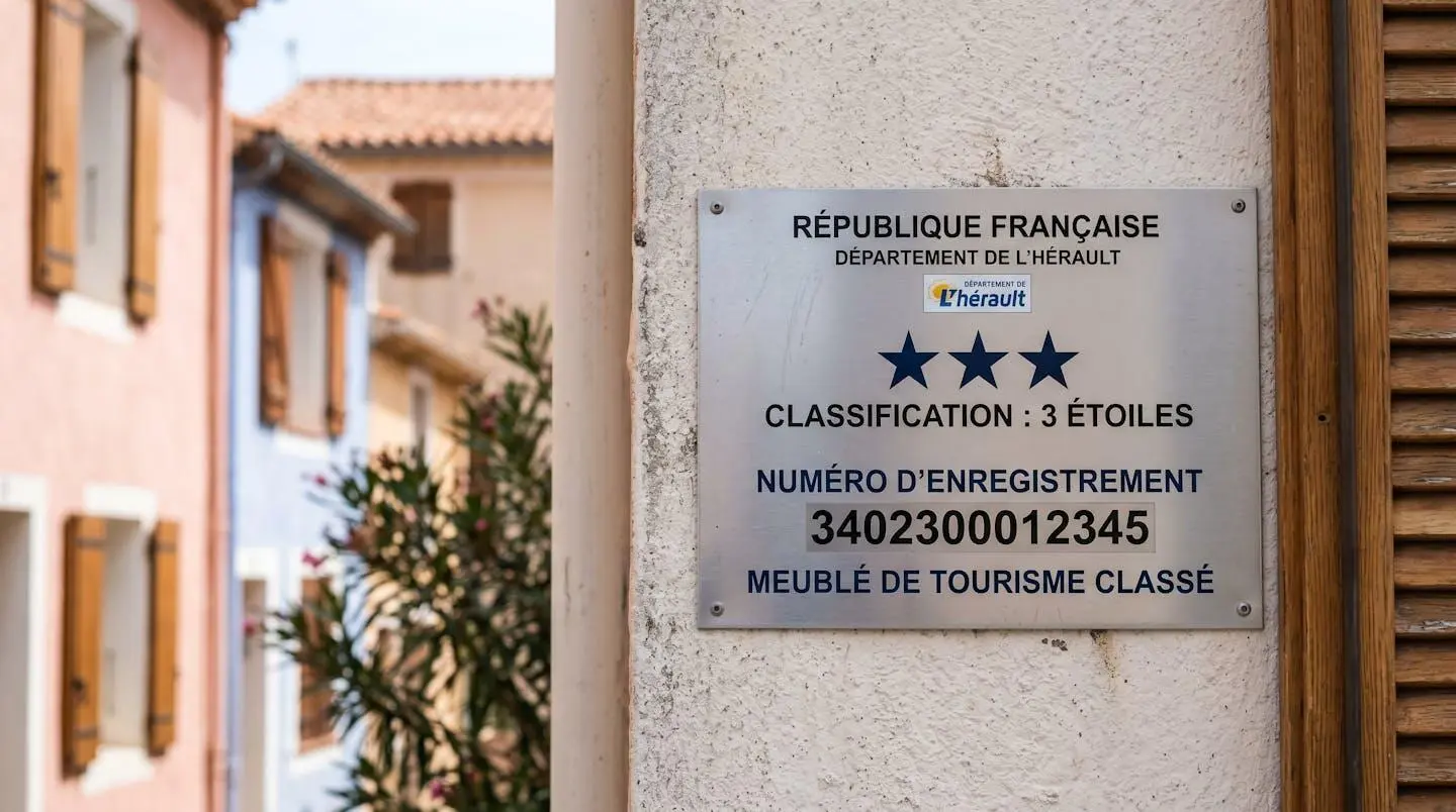 Gros plan sur une plaque officielle de numéro d'enregistrement d'un meublé de tourisme classé avec étoiles, apposée sur le mur extérieur d'un immeuble à Balaruc-les-Bains
