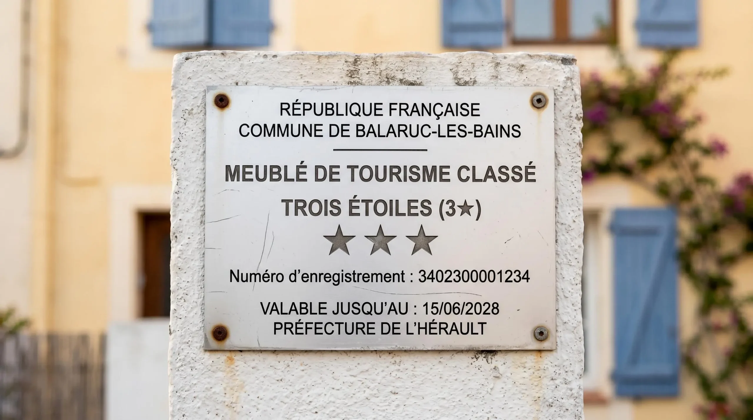 Gros plan sur une plaque officielle de numéro d'enregistrement d'un meublé de tourisme classé avec étoiles, apposée sur le mur extérieur d'un immeuble à Balaruc-les-Bains