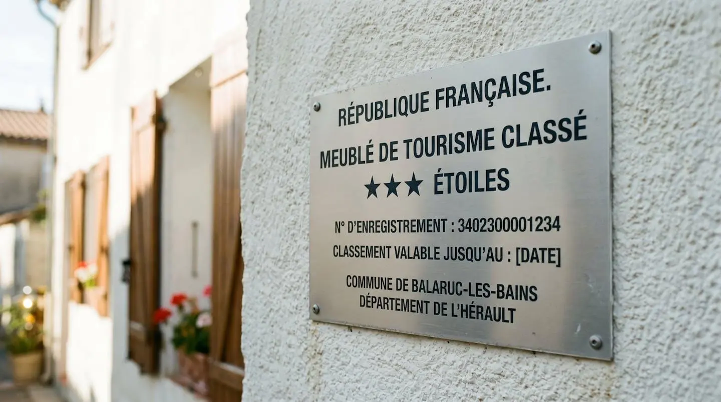 Gros plan sur une plaque officielle de numéro d'enregistrement d'un meublé de tourisme classé avec étoiles, apposée sur le mur extérieur d'un immeuble à Balaruc-les-Bains