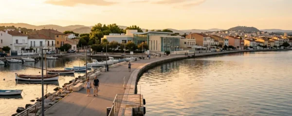 Vue panoramique de la promenade du bord de l'étang de Thau à Balaruc-les-Bains en lumière dorée de fin d'après-midi, avec l'établissement thermal en arrière-plan et des bateaux de pêche traditionnels amarrés
