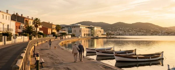 Vue panoramique de la promenade du bord de l'étang de Thau à Balaruc-les-Bains en lumière dorée de fin d'après-midi, avec l'établissement thermal en arrière-plan et des bateaux de pêche traditionnels amarrés