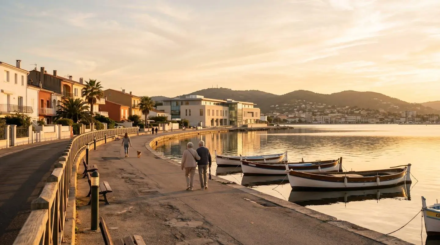 Vue panoramique de la promenade du bord de l'étang de Thau à Balaruc-les-Bains en lumière dorée de fin d'après-midi, avec l'établissement thermal en arrière-plan et des bateaux de pêche traditionnels amarrés