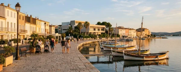 Vue panoramique de la promenade du bord de l'étang de Thau à Balaruc-les-Bains en lumière dorée de fin d'après-midi, avec l'établissement thermal en arrière-plan et des bateaux de pêche traditionnels amarrés