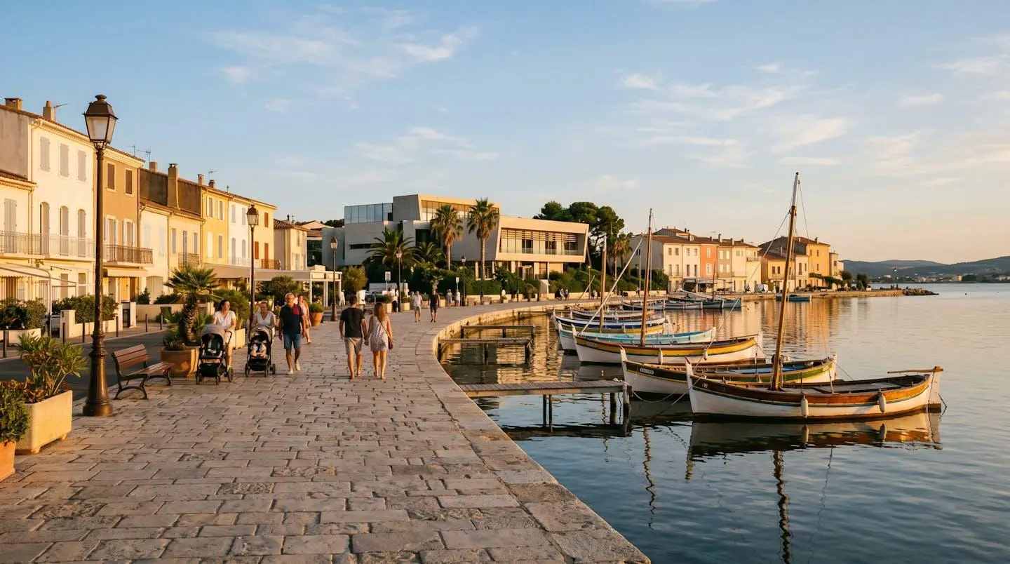 Vue panoramique de la promenade du bord de l'étang de Thau à Balaruc-les-Bains en lumière dorée de fin d'après-midi, avec l'établissement thermal en arrière-plan et des bateaux de pêche traditionnels amarrés