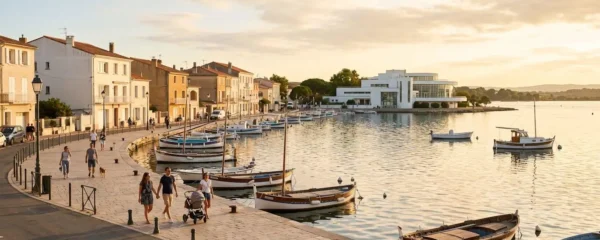 Vue panoramique de la promenade du bord de l'étang de Thau à Balaruc-les-Bains en lumière dorée de fin d'après-midi, avec l'établissement thermal en arrière-plan et des bateaux de pêche traditionnels amarrés