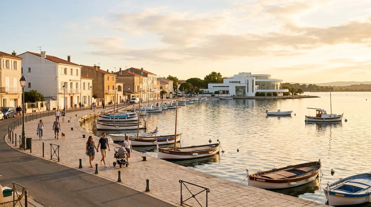 Vue panoramique de la promenade du bord de l'étang de Thau à Balaruc-les-Bains en lumière dorée de fin d'après-midi, avec l'établissement thermal en arrière-plan et des bateaux de pêche traditionnels amarrés