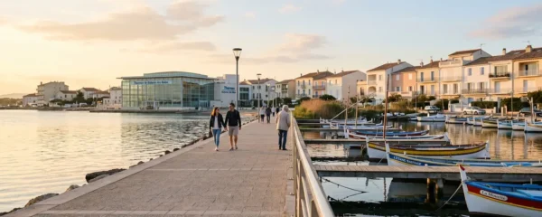Vue panoramique de la promenade du bord de l'étang de Thau à Balaruc-les-Bains en lumière dorée de fin d'après-midi, avec l'établissement thermal en arrière-plan et des bateaux de pêche traditionnels amarrés