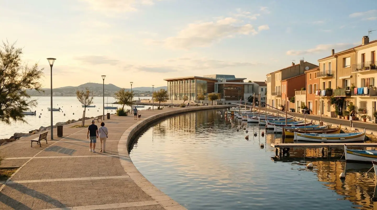 Vue panoramique de la promenade du bord de l'étang de Thau à Balaruc-les-Bains en lumière dorée de fin d'après-midi, avec l'établissement thermal en arrière-plan et des bateaux de pêche traditionnels amarrés