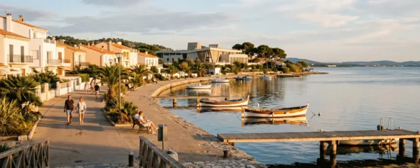 Vue panoramique de la promenade du bord de l'étang de Thau à Balaruc-les-Bains en lumière dorée de fin d'après-midi, avec l'établissement thermal en arrière-plan et des bateaux de pêche traditionnels amarrés