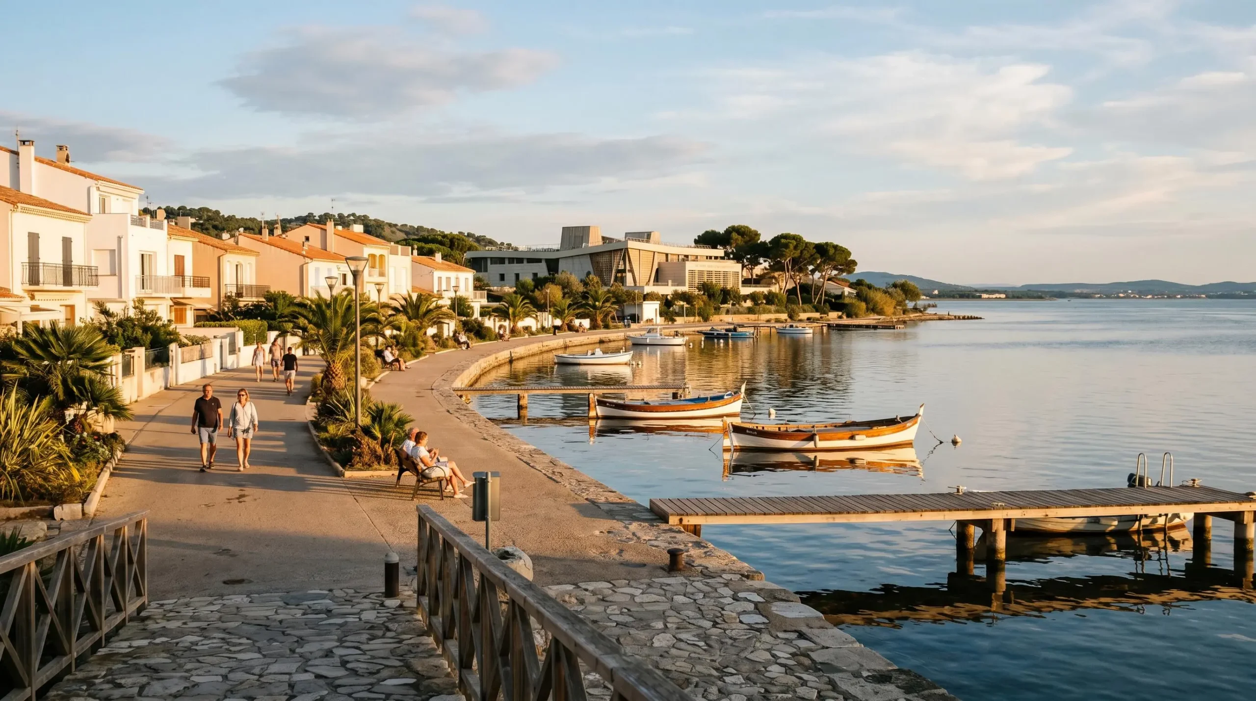 Vue panoramique de la promenade du bord de l'étang de Thau à Balaruc-les-Bains en lumière dorée de fin d'après-midi, avec l'établissement thermal en arrière-plan et des bateaux de pêche traditionnels amarrés