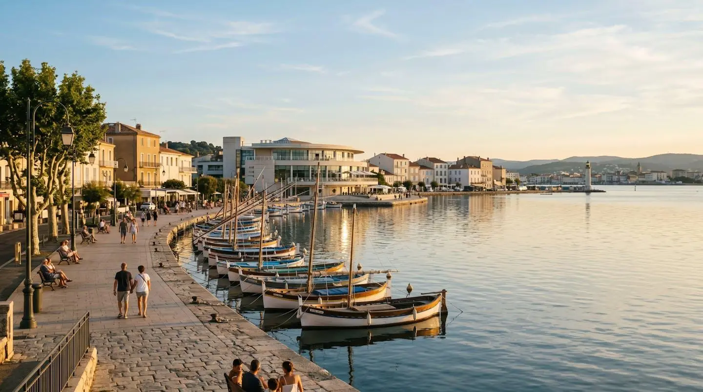 Vue panoramique de la promenade du bord de l'étang de Thau à Balaruc-les-Bains en lumière dorée de fin d'après-midi, avec l'établissement thermal en arrière-plan et des bateaux de pêche traditionnels amarrés