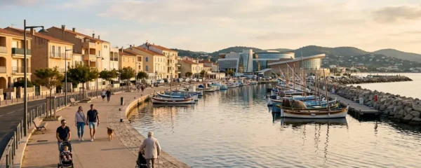 Vue panoramique de la promenade du bord de l'étang de Thau à Balaruc-les-Bains en lumière dorée de fin d'après-midi, avec l'établissement thermal en arrière-plan et des bateaux de pêche traditionnels amarrés