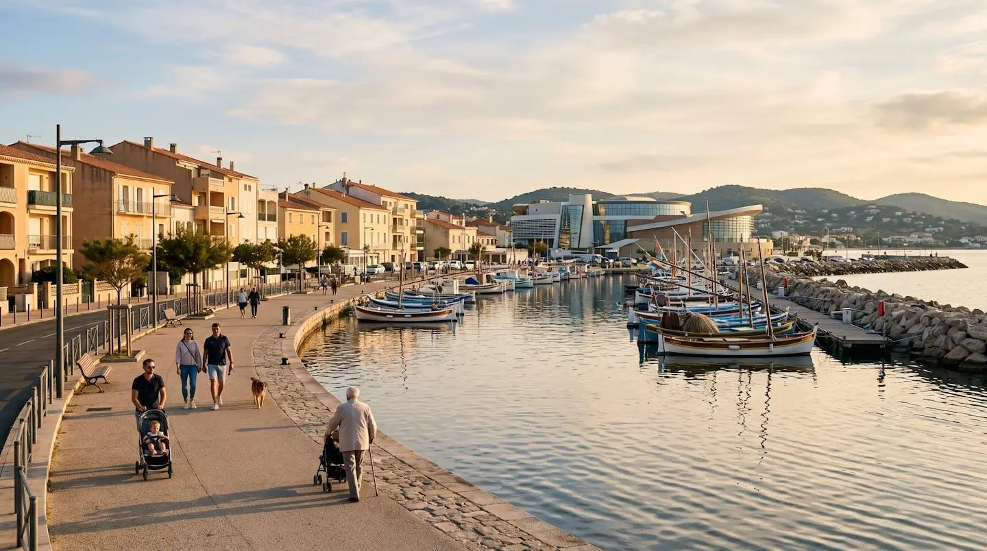 Vue panoramique de la promenade du bord de l'étang de Thau à Balaruc-les-Bains en lumière dorée de fin d'après-midi, avec l'établissement thermal en arrière-plan et des bateaux de pêche traditionnels amarrés