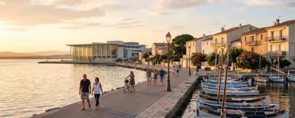 Vue panoramique de la promenade du bord de l'étang de Thau à Balaruc-les-Bains en lumière dorée de fin d'après-midi, avec l'établissement thermal en arrière-plan et des bateaux de pêche traditionnels amarrés