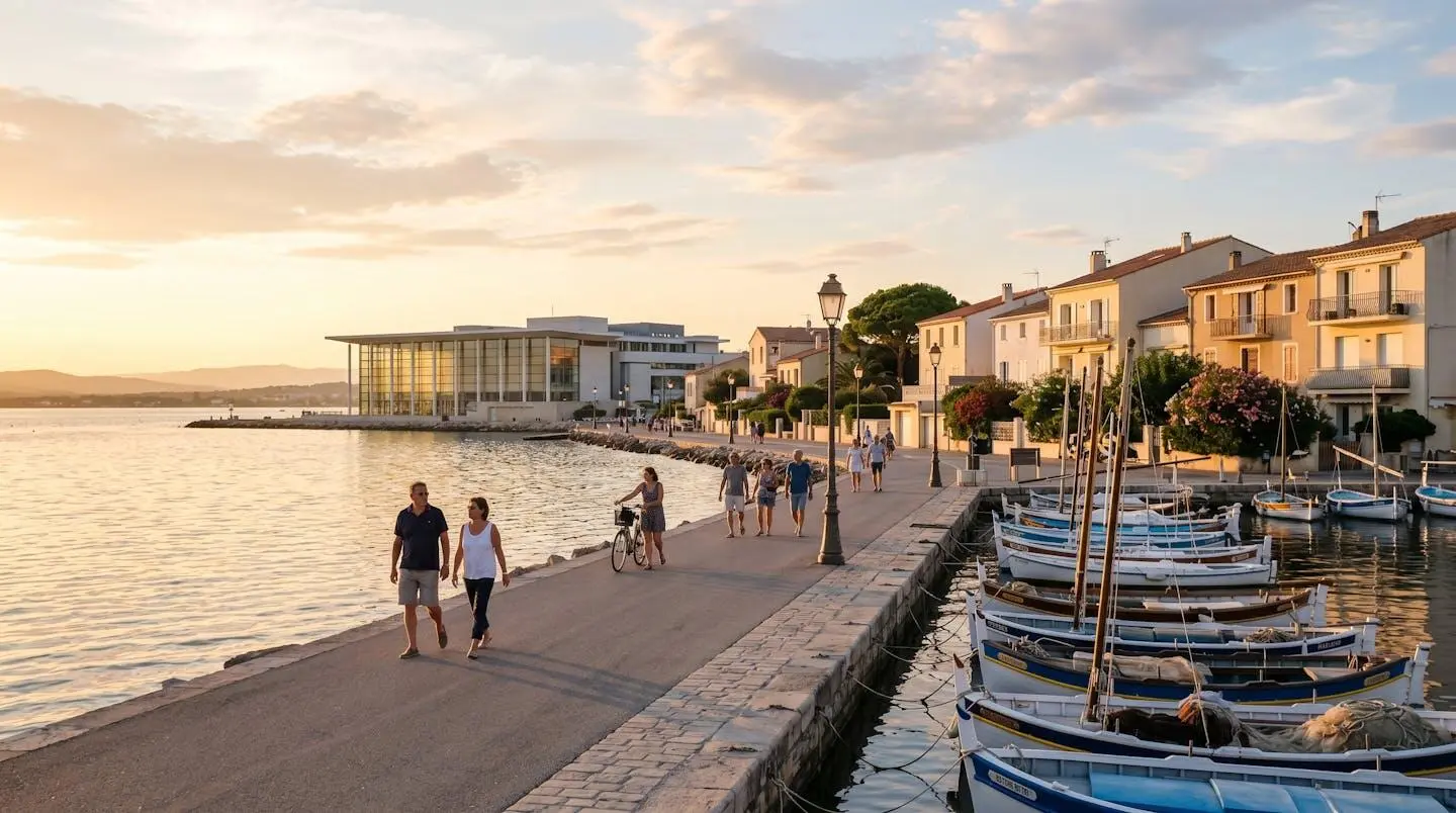 Vue panoramique de la promenade du bord de l'étang de Thau à Balaruc-les-Bains en lumière dorée de fin d'après-midi, avec l'établissement thermal en arrière-plan et des bateaux de pêche traditionnels amarrés