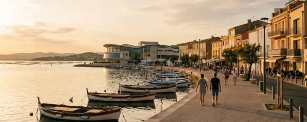 Vue panoramique de la promenade du bord de l'étang de Thau à Balaruc-les-Bains en lumière dorée de fin d'après-midi, avec l'établissement thermal en arrière-plan et des bateaux de pêche traditionnels amarrés