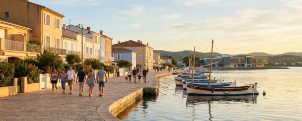 Vue panoramique de la promenade du bord de l'étang de Thau à Balaruc-les-Bains en lumière dorée de fin d'après-midi, avec l'établissement thermal en arrière-plan et des bateaux de pêche traditionnels amarrés