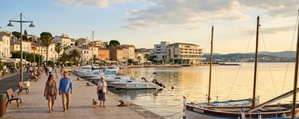 Vue panoramique de la promenade du bord de l'étang de Thau à Balaruc-les-Bains en lumière dorée de fin d'après-midi, avec l'établissement thermal en arrière-plan et des bateaux de pêche traditionnels amarrés