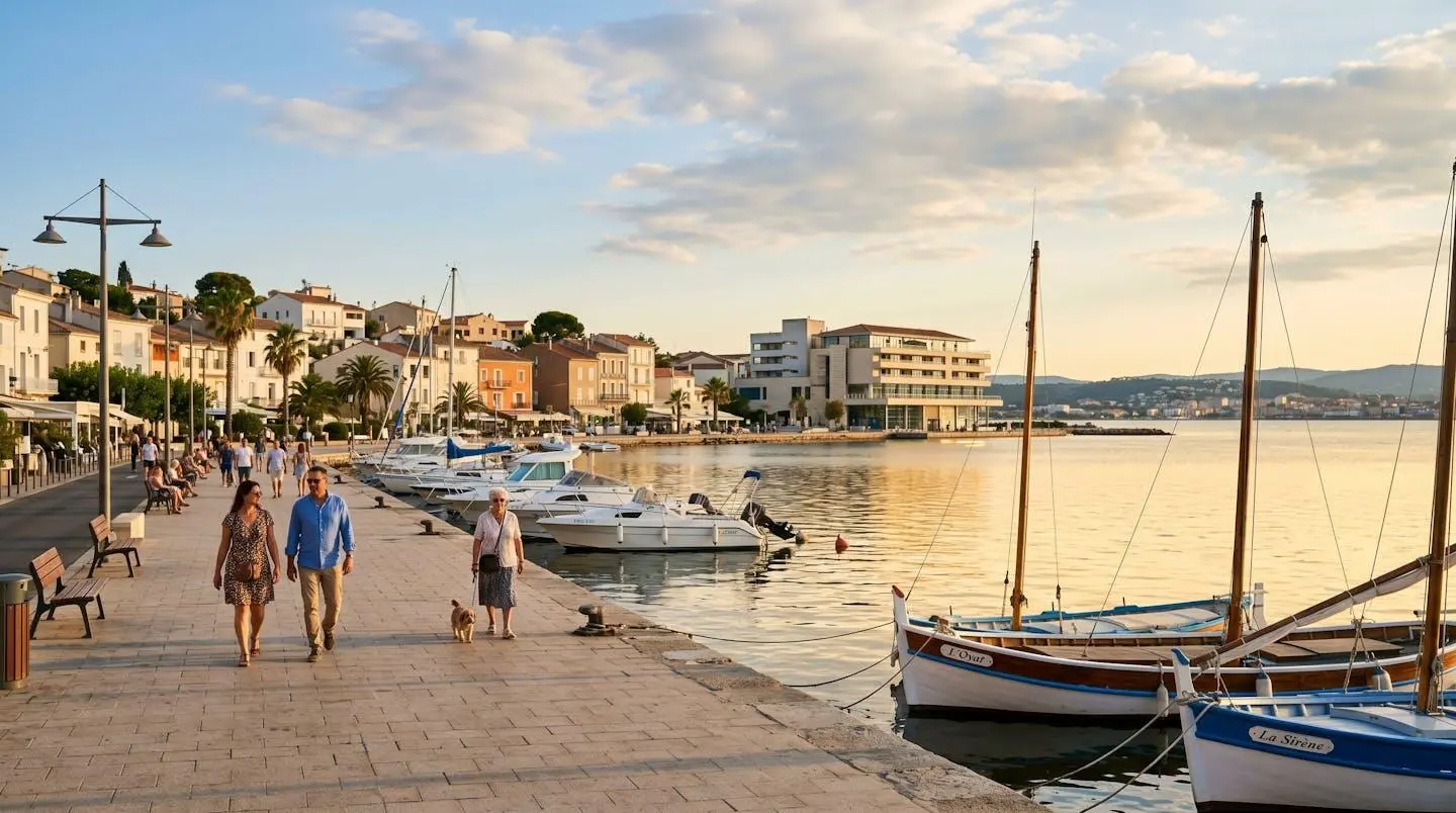 Vue panoramique de la promenade du bord de l'étang de Thau à Balaruc-les-Bains en lumière dorée de fin d'après-midi, avec l'établissement thermal en arrière-plan et des bateaux de pêche traditionnels amarrés