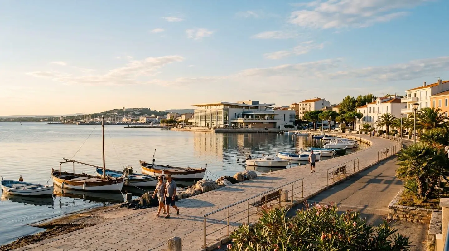 Vue panoramique de la promenade du bord de l'étang de Thau à Balaruc-les-Bains en lumière dorée de fin d'après-midi, avec l'établissement thermal en arrière-plan et des bateaux de pêche traditionnels amarrés