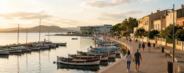 Vue panoramique de la promenade du bord de l'étang de Thau à Balaruc-les-Bains en lumière dorée de fin d'après-midi, avec l'établissement thermal en arrière-plan et des bateaux de pêche traditionnels amarrés