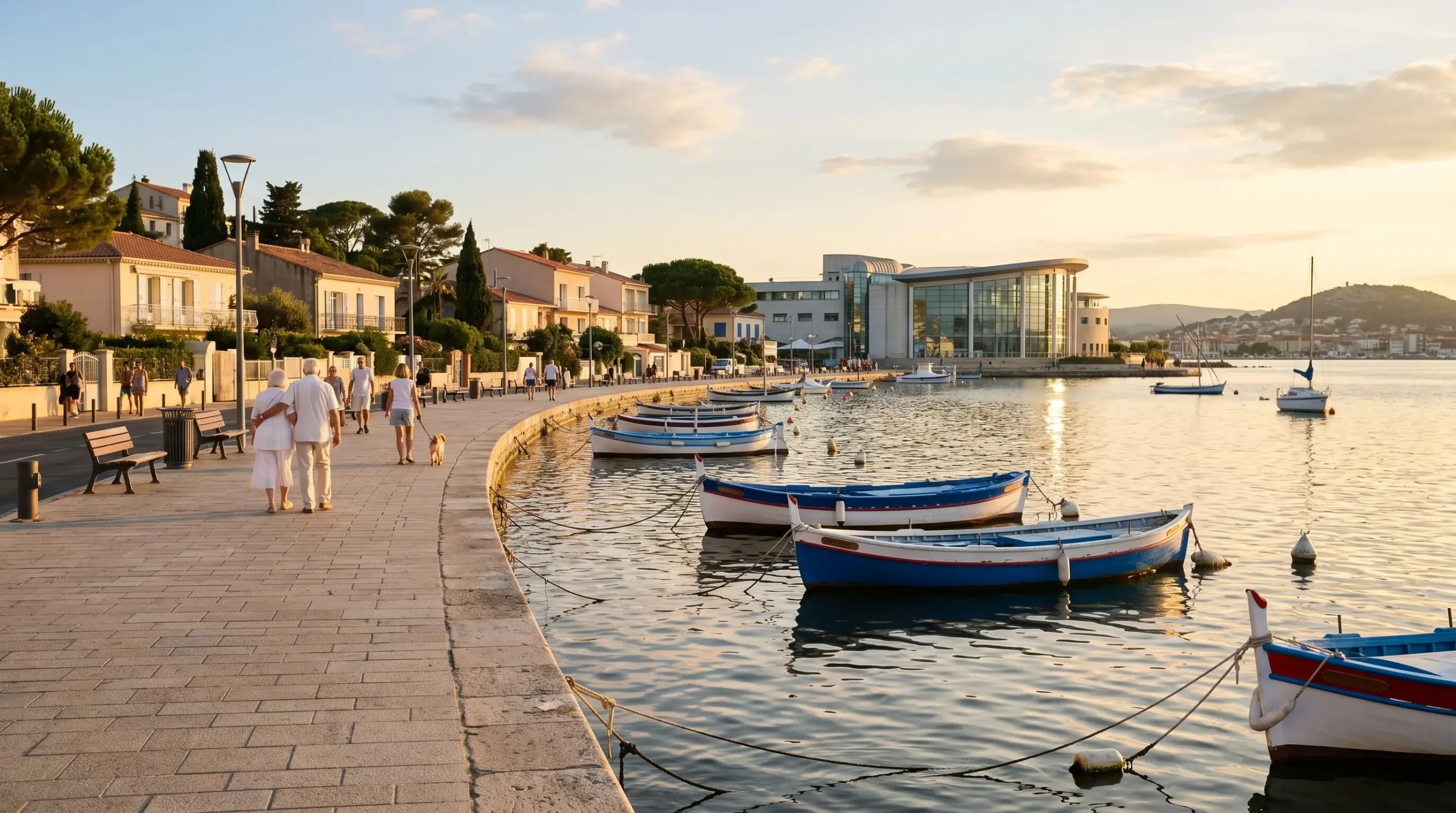 Vue panoramique de la promenade du bord de l'étang de Thau à Balaruc-les-Bains en lumière dorée de fin d'après-midi, avec l'établissement thermal en arrière-plan et des bateaux de pêche traditionnels amarrés