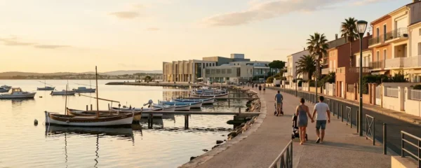 Vue panoramique de la promenade du bord de l'étang de Thau à Balaruc-les-Bains en lumière dorée de fin d'après-midi, avec l'établissement thermal en arrière-plan et des bateaux de pêche traditionnels amarrés