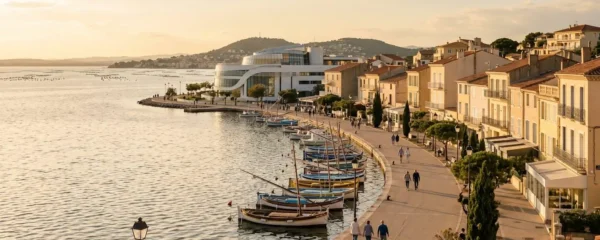 Vue panoramique de la promenade du bord de l'étang de Thau à Balaruc-les-Bains en lumière dorée de fin d'après-midi, avec l'établissement thermal en arrière-plan et des bateaux de pêche traditionnels amarrés