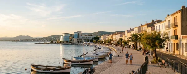 Vue panoramique de la promenade du bord de l'étang de Thau à Balaruc-les-Bains en lumière dorée de fin d'après-midi, avec l'établissement thermal en arrière-plan et des bateaux de pêche traditionnels amarrés