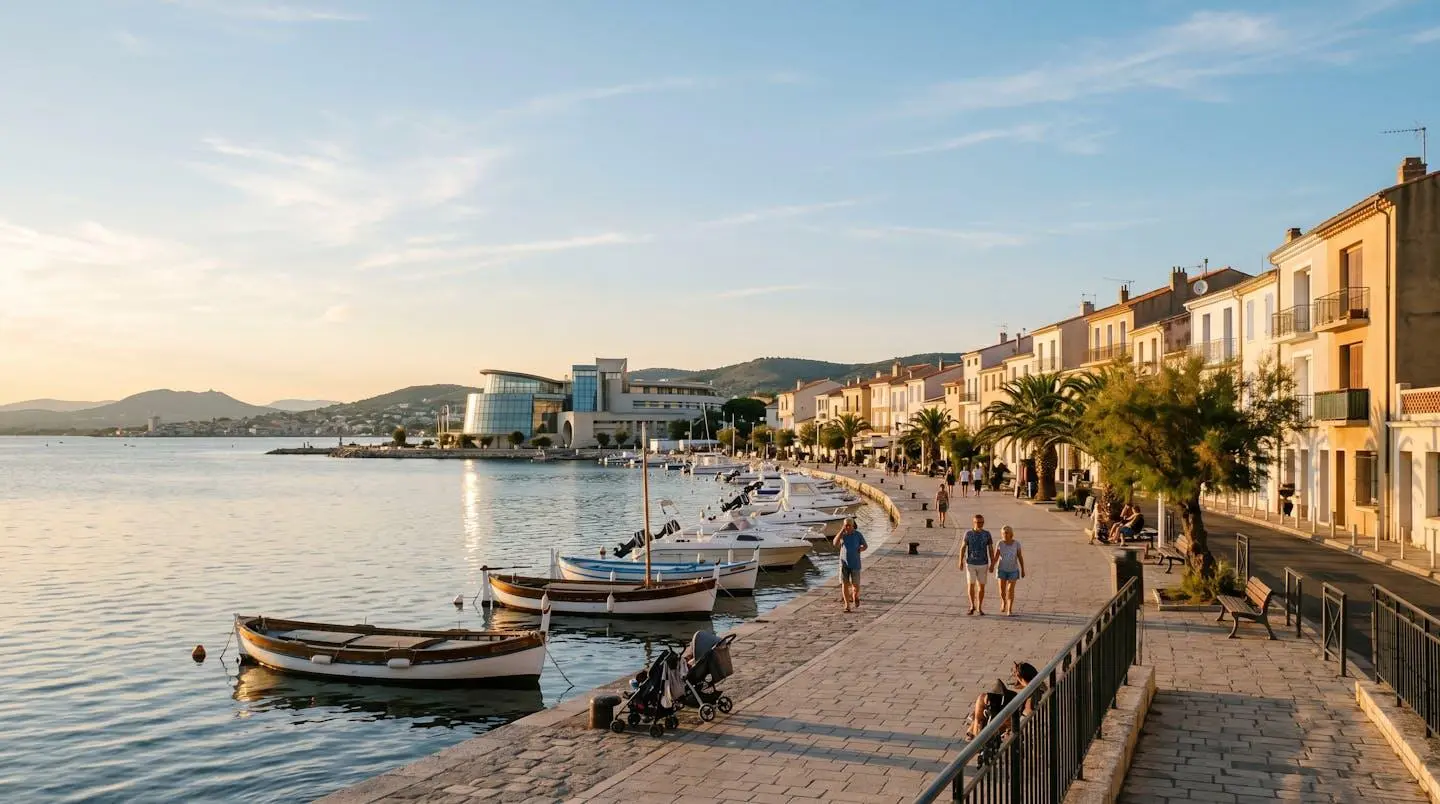 Vue panoramique de la promenade du bord de l'étang de Thau à Balaruc-les-Bains en lumière dorée de fin d'après-midi, avec l'établissement thermal en arrière-plan et des bateaux de pêche traditionnels amarrés