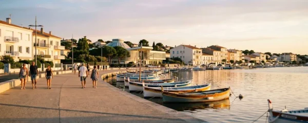 Vue panoramique de la promenade du bord de l'étang de Thau à Balaruc-les-Bains en lumière dorée de fin d'après-midi, avec l'établissement thermal en arrière-plan et des bateaux de pêche traditionnels amarrés