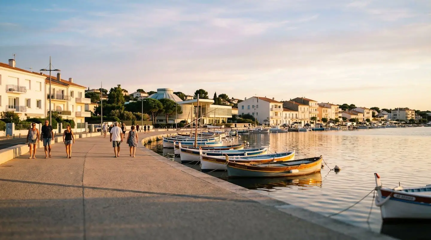Vue panoramique de la promenade du bord de l'étang de Thau à Balaruc-les-Bains en lumière dorée de fin d'après-midi, avec l'établissement thermal en arrière-plan et des bateaux de pêche traditionnels amarrés