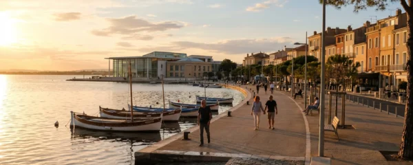 Vue panoramique de la promenade du bord de l'étang de Thau à Balaruc-les-Bains en lumière dorée de fin d'après-midi, avec l'établissement thermal en arrière-plan et des bateaux de pêche traditionnels amarrés
