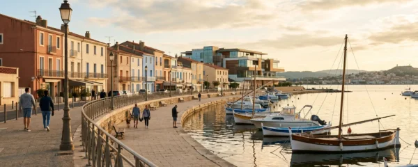 Vue panoramique de la promenade du bord de l'étang de Thau à Balaruc-les-Bains en lumière dorée de fin d'après-midi, avec l'établissement thermal en arrière-plan et des bateaux de pêche traditionnels amarrés