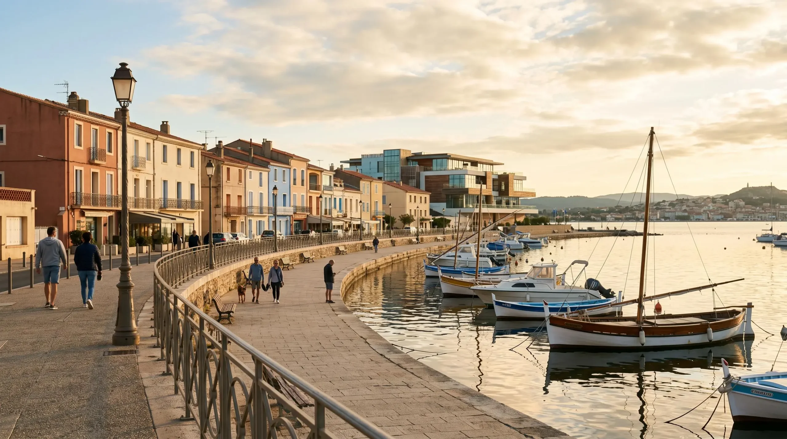 Vue panoramique de la promenade du bord de l'étang de Thau à Balaruc-les-Bains en lumière dorée de fin d'après-midi, avec l'établissement thermal en arrière-plan et des bateaux de pêche traditionnels amarrés