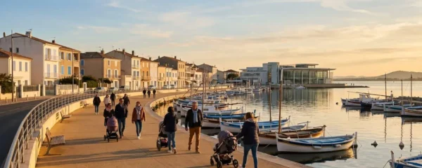 Vue panoramique de la promenade du bord de l'étang de Thau à Balaruc-les-Bains en lumière dorée de fin d'après-midi, avec l'établissement thermal en arrière-plan et des bateaux de pêche traditionnels amarrés