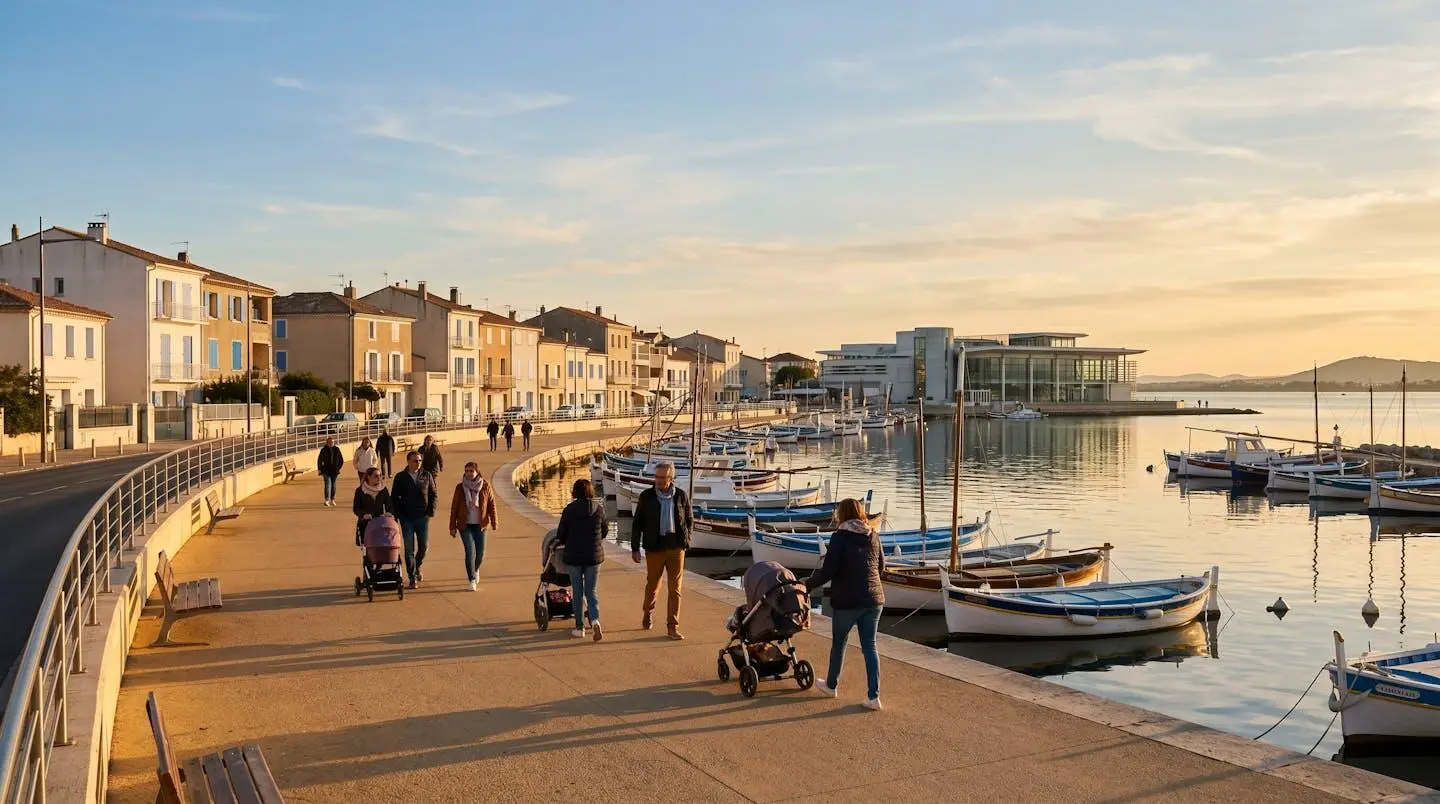 Vue panoramique de la promenade du bord de l'étang de Thau à Balaruc-les-Bains en lumière dorée de fin d'après-midi, avec l'établissement thermal en arrière-plan et des bateaux de pêche traditionnels amarrés