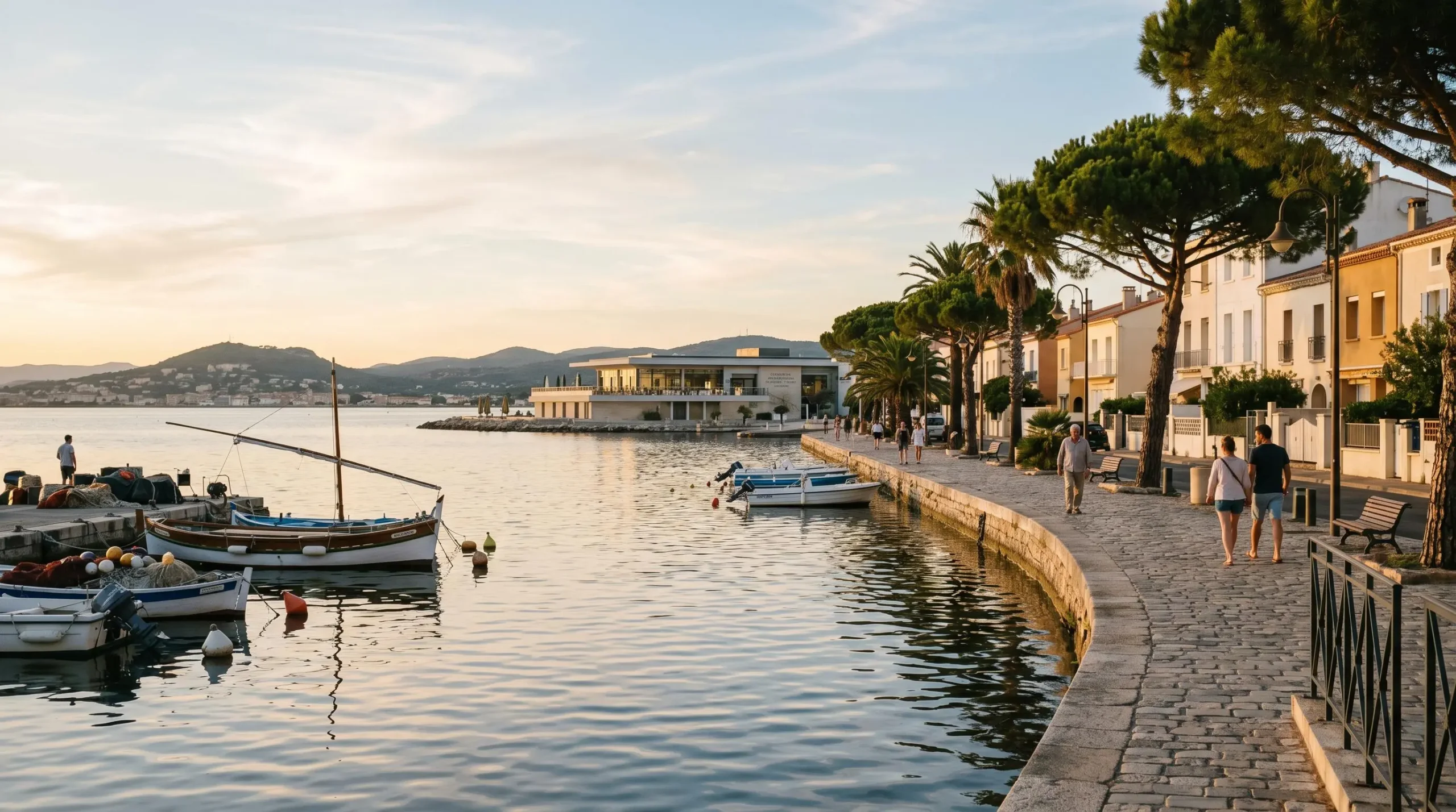 Vue panoramique de la promenade du bord de l'étang de Thau à Balaruc-les-Bains en lumière dorée de fin d'après-midi, avec l'établissement thermal en arrière-plan et des bateaux de pêche traditionnels amarrés